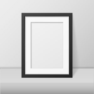 Vector realistic blank black picture frame closeup standing on white table. Design template, mockup. Stock vector illustration, eps10